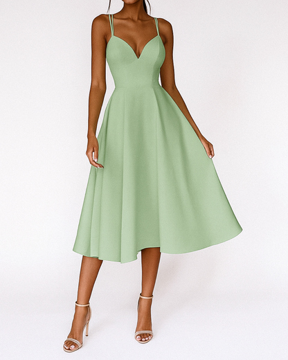 Elegant Satin Midi Dress for Women with V Neck Spaghetti Strap Crisscross Back Fit And Flare Cocktail Style