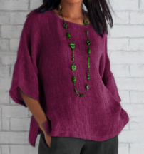 Effortless Linen Tunic Blouse for Women with Mandarin Collar Elbow Sleeve Relaxed Side Slit Casual Style