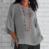 Effortless Linen Tunic Blouse for Women with Mandarin Collar Elbow Sleeve Relaxed Side Slit Casual Style