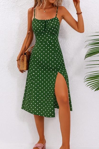 Effortless Polka Dot Midi Dress for Women with Scoop Neck Spaghetti Strap Side Slit Bodycon Style
