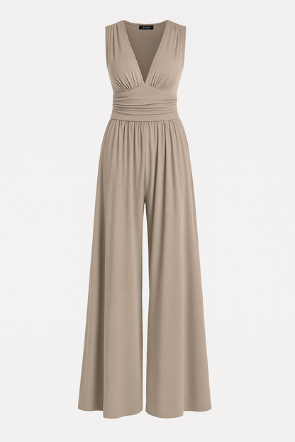 Effortless Ribbed Wide Leg Jumpsuit for Women with V Neck Sleeveless Ruched Waist Flowing Style