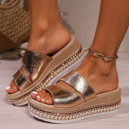 Comfortable Brown Sandals for Women with Twin Metallic Strap Espadrille Platform Slide Style
