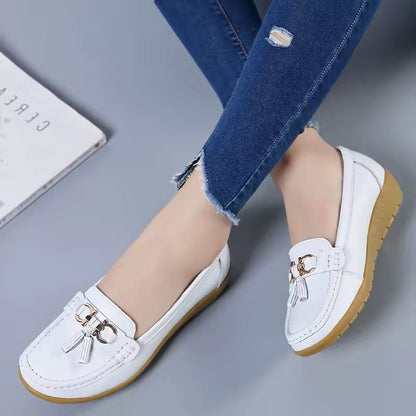 Comfortable Loafers for Women with Tassel Buckle Detail Moccasin Stitch Wedge Sole Style