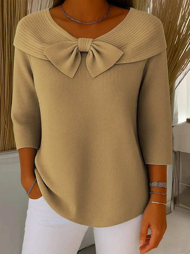 Comfortable Ribbed Knit Sweater for Women with V Neck Bow Tie Elbow Sleeve Relaxed Oversized Style