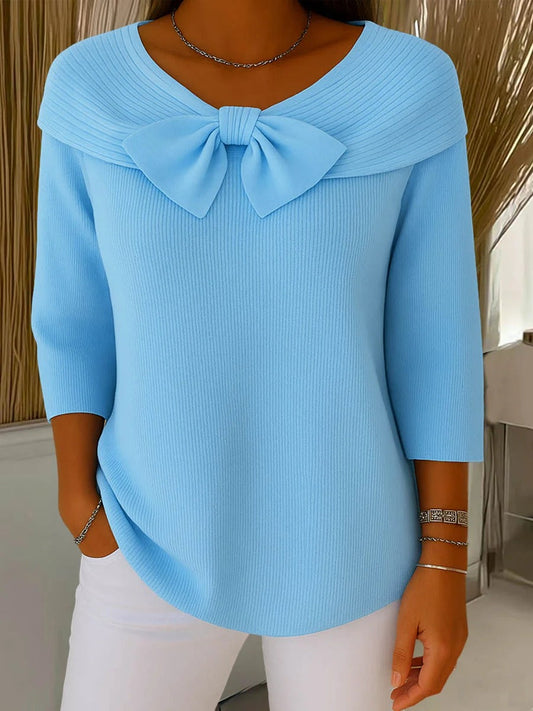 Comfortable Ribbed Knit Sweater for Women with V Neck Bow Tie Elbow Sleeve Relaxed Oversized Style