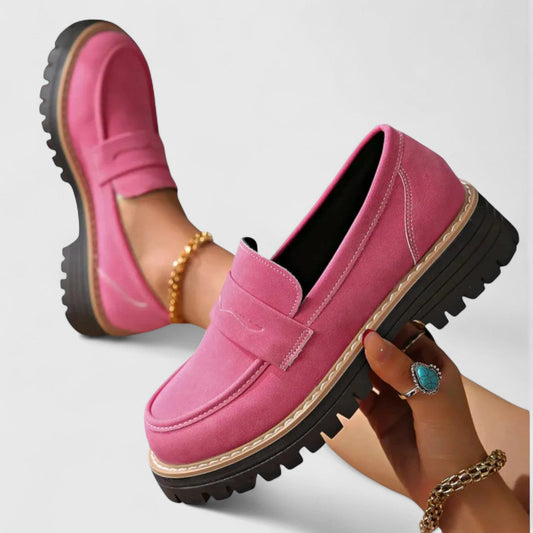 Comfortable Pink Suede Platform Loafer for Women with Round Toe Lug Sole Penny Casual Style