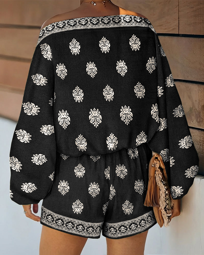 Effortless Paisley Print Two Piece Set for Women with Off Shoulder Lantern Sleeve Boho Style