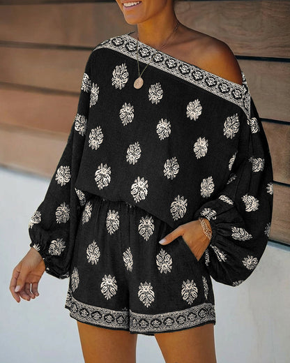 Effortless Paisley Print Two Piece Set for Women with Off Shoulder Lantern Sleeve Boho Style