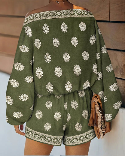 Effortless Paisley Print Two Piece Set for Women with Off Shoulder Lantern Sleeve Boho Style
