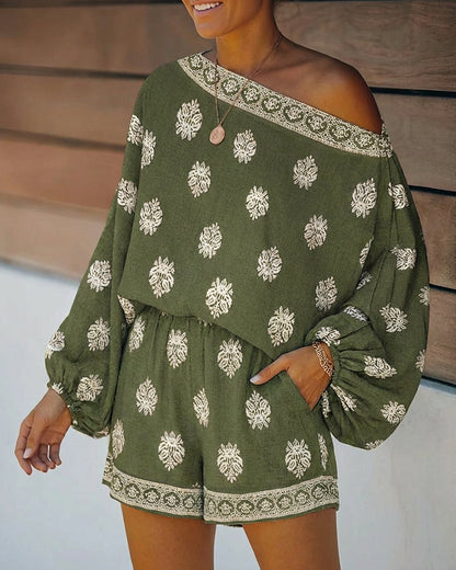 Effortless Paisley Print Two Piece Set for Women with Off Shoulder Lantern Sleeve Boho Style