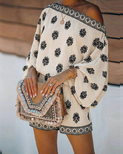 Effortless Paisley Print Two Piece Set for Women with Off Shoulder Lantern Sleeve Boho Style