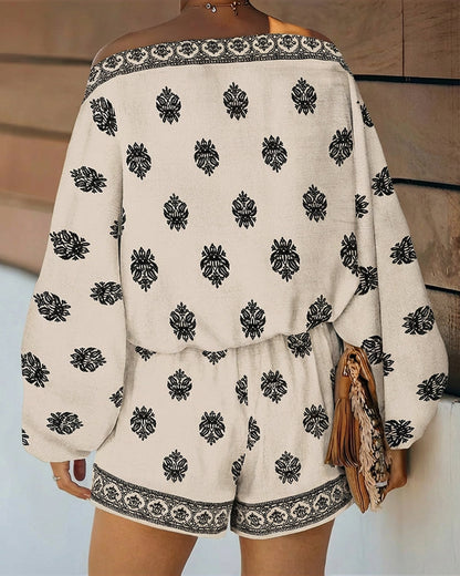 Effortless Paisley Print Two Piece Set for Women with Off Shoulder Lantern Sleeve Boho Style