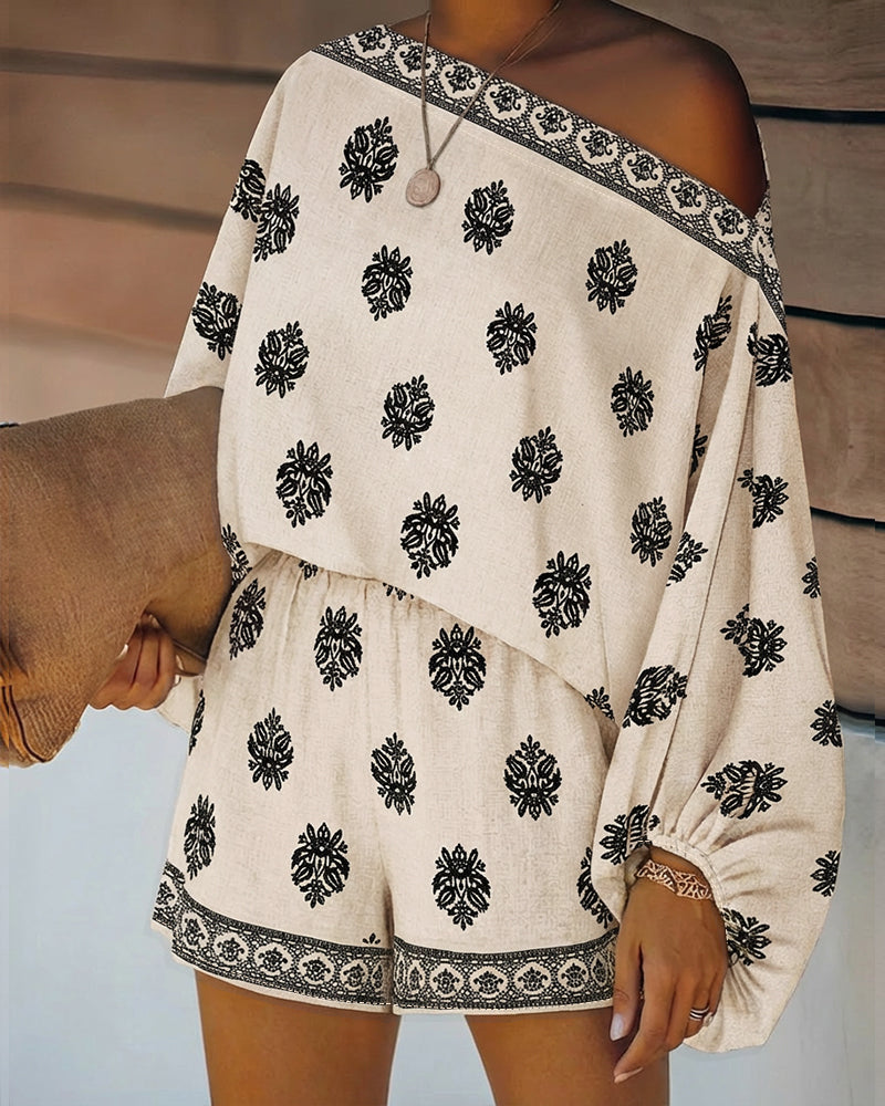 Effortless Paisley Print Two Piece Set for Women with Off Shoulder Lantern Sleeve Boho Style