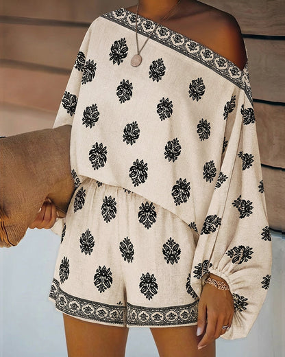 Effortless Paisley Print Two Piece Set for Women with Off Shoulder Lantern Sleeve Boho Style