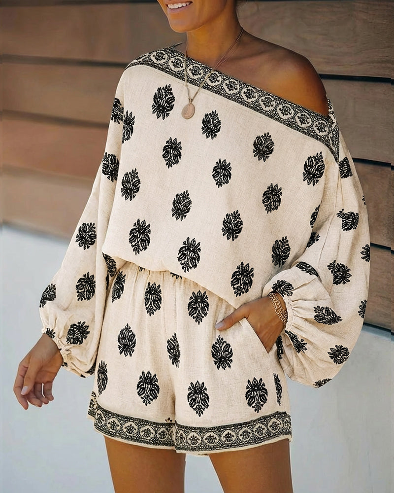 Effortless Paisley Print Two Piece Set for Women with Off Shoulder Lantern Sleeve Boho Style