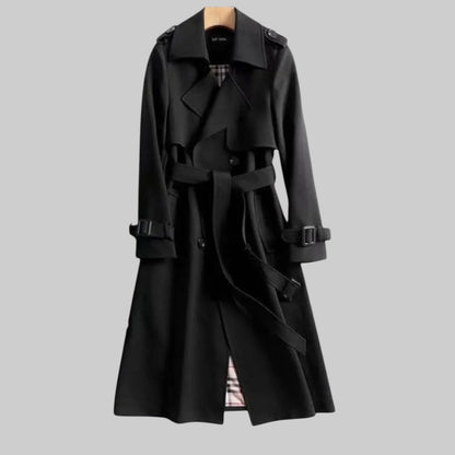Elegant Trench Coat for Women with Notch Lapel Long Sleeve Double Breasted Belted Flowing Style