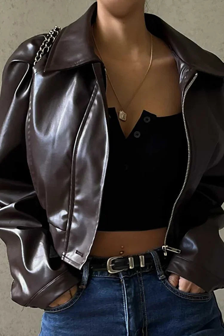 Elegant Brown Leather Jacket for Women with Collar Long Sleeve Zip Front Cropped Moto Style