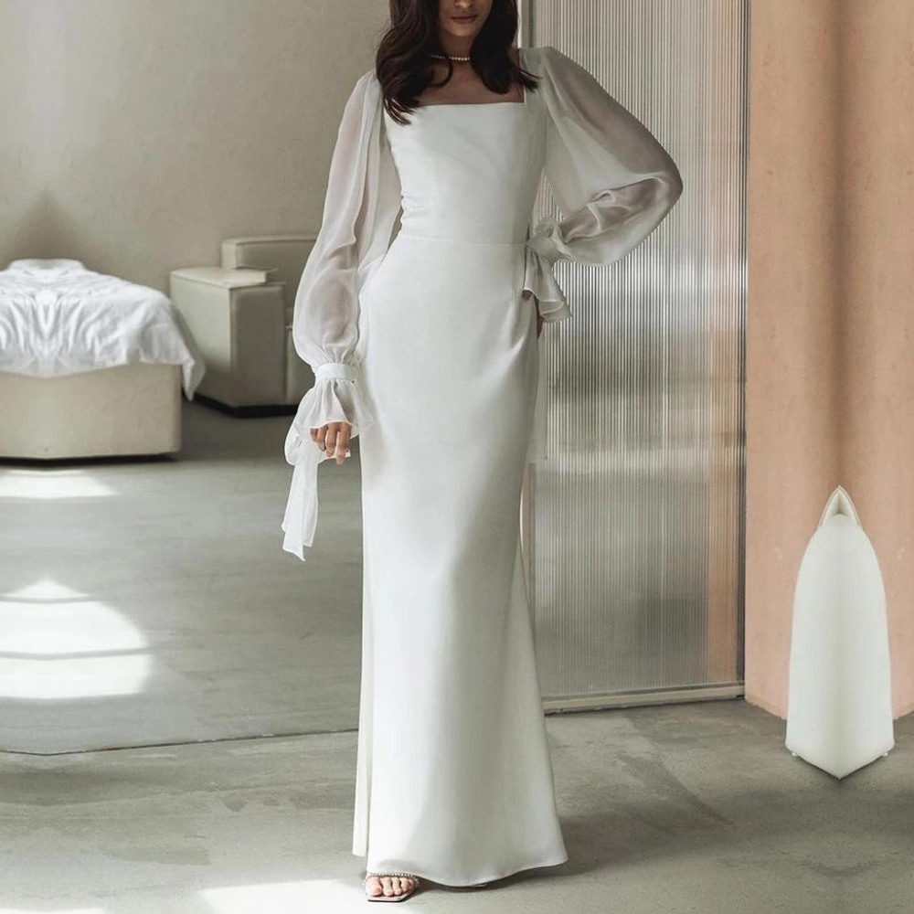 Elegant White Maxi Dress for Women with Square Neck Balloon Sleeve Bodycon Flowing Style