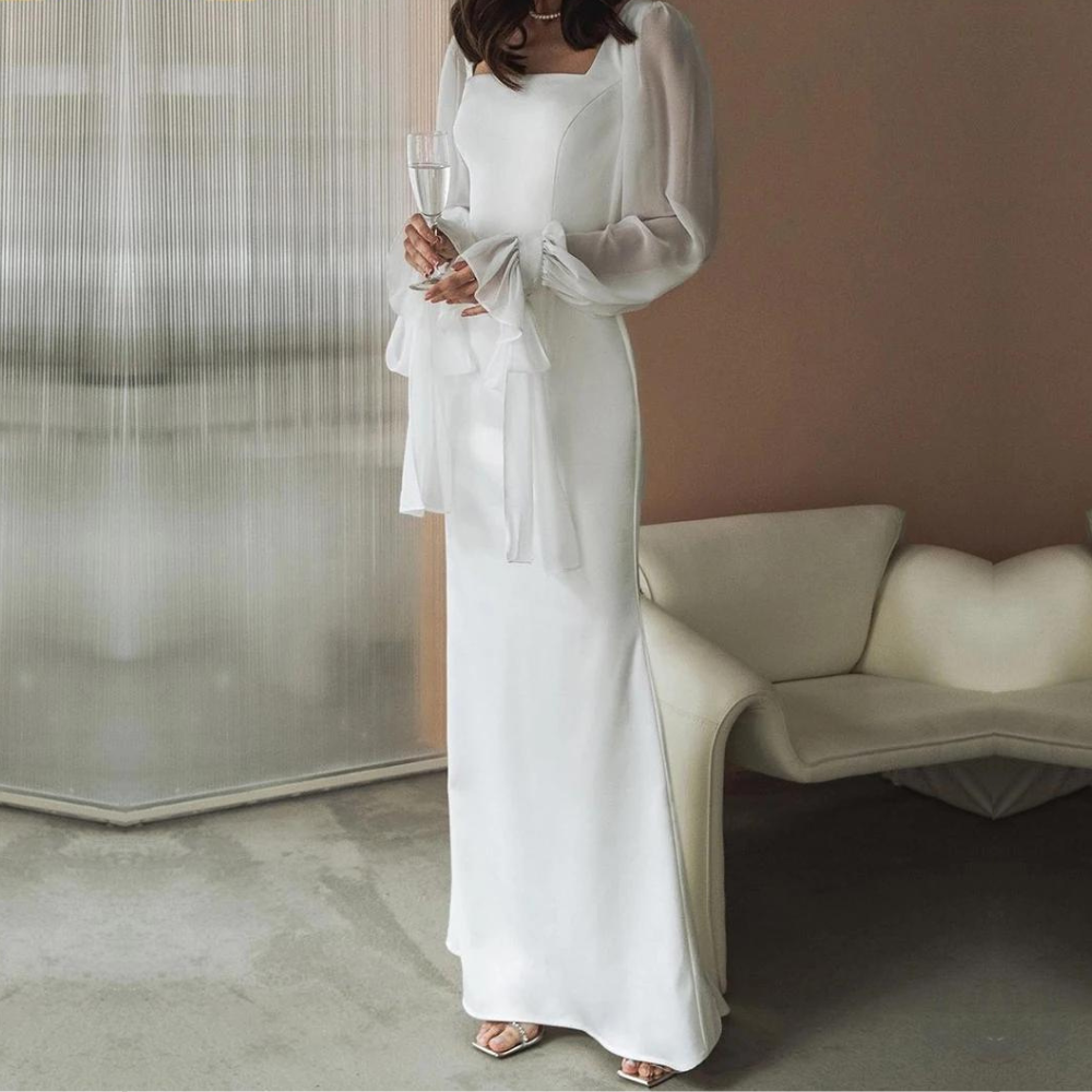 Elegant White Maxi Dress for Women with Square Neck Balloon Sleeve Bodycon Flowing Style