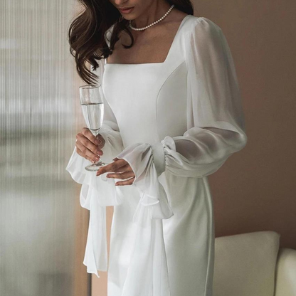 Elegant White Maxi Dress for Women with Square Neck Balloon Sleeve Bodycon Flowing Style