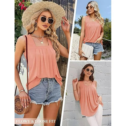 Effortless Pleated Tank Top for Women with Square Neck Sleeveless Relaxed Flowing Style