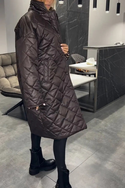 Elegant Quilted Coat for Women with Notch Collar Long Sleeve Leopard Trim Oversized Style