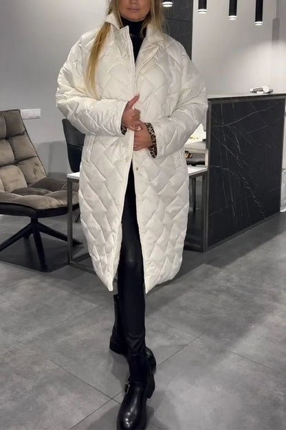 Elegant Quilted Coat for Women with Notch Collar Long Sleeve Leopard Trim Oversized Style