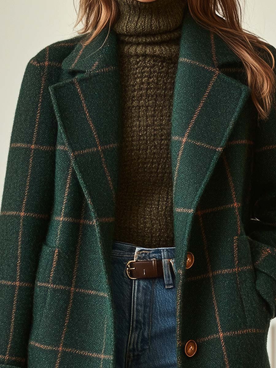Elegant Windowpane Plaid Wool Coat for Women with Notched Lapel Long Sleeve Button Front Longline Style