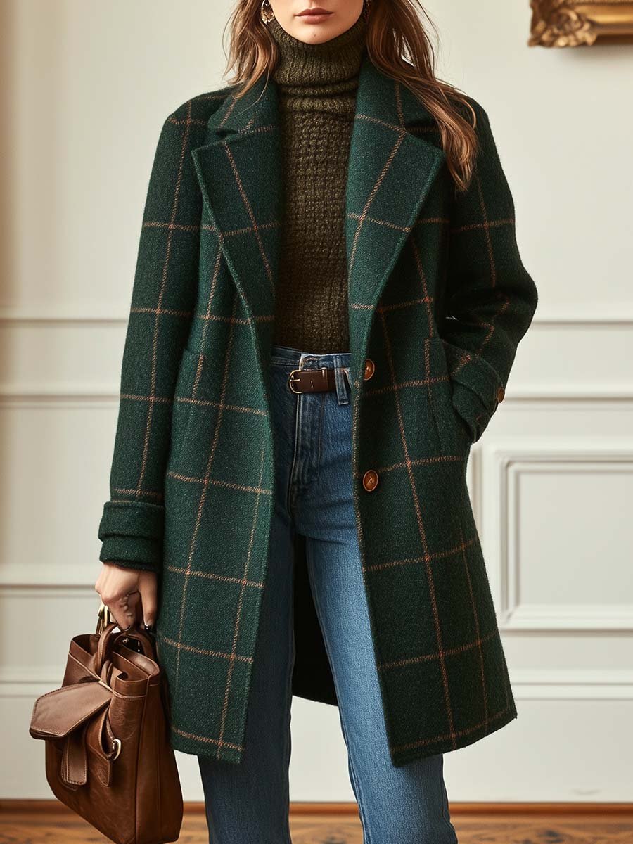 Elegant Windowpane Plaid Wool Coat for Women with Notched Lapel Long Sleeve Button Front Longline Style