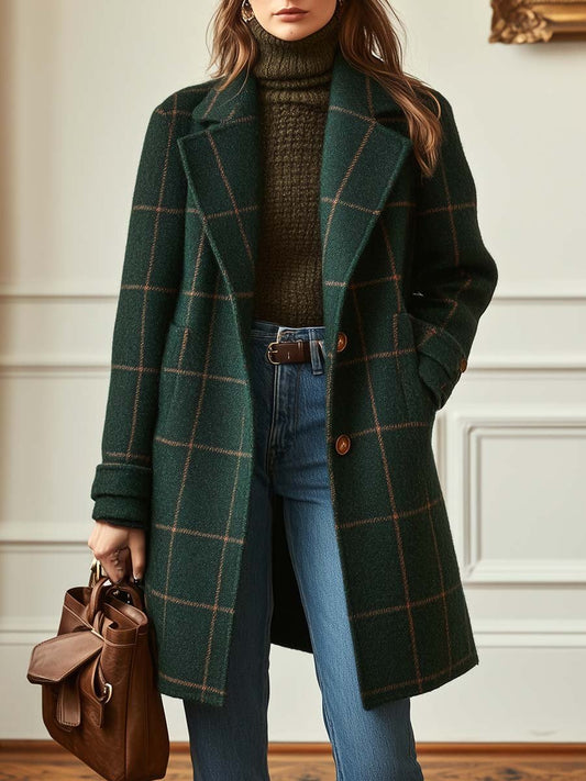 Elegant Windowpane Plaid Wool Coat for Women with Notched Lapel Long Sleeve Button Front Longline Style