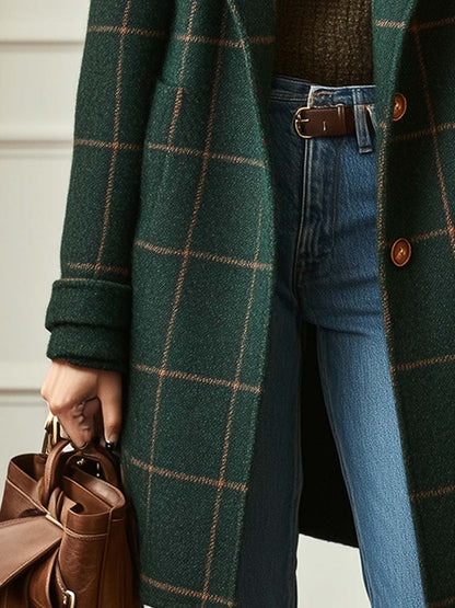 Elegant Windowpane Plaid Wool Coat for Women with Notched Lapel Long Sleeve Button Front Longline Style