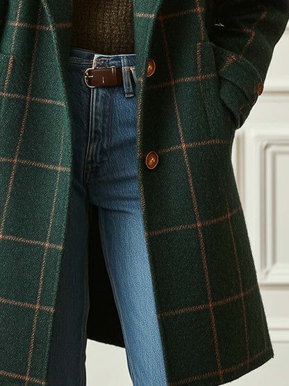 Elegant Windowpane Plaid Wool Coat for Women with Notched Lapel Long Sleeve Button Front Longline Style