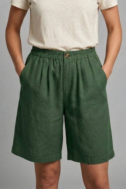 Effortless Linen Bermuda Shorts for Women with High Waist Button Front Pleated Relaxed Style