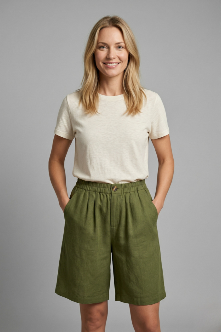 Effortless Linen Bermuda Shorts for Women with High Waist Button Front Pleated Relaxed Style