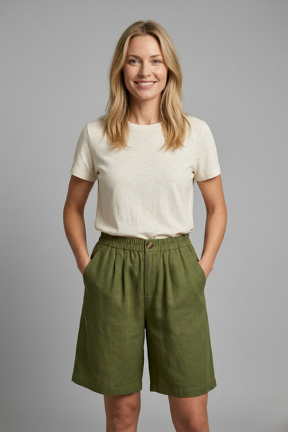 Effortless Linen Bermuda Shorts for Women with High Waist Button Front Pleated Relaxed Style