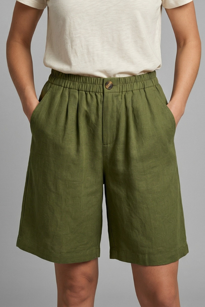 Effortless Linen Bermuda Shorts for Women with High Waist Button Front Pleated Relaxed Style