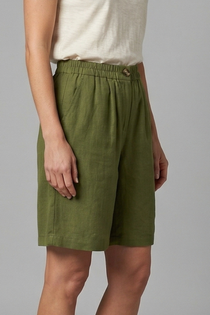 Effortless Linen Bermuda Shorts for Women with High Waist Button Front Pleated Relaxed Style