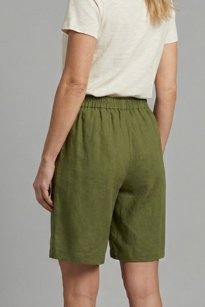Effortless Linen Bermuda Shorts for Women with High Waist Button Front Pleated Relaxed Style