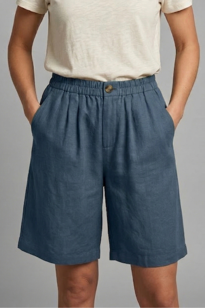 Effortless Linen Bermuda Shorts for Women with High Waist Button Front Pleated Relaxed Style