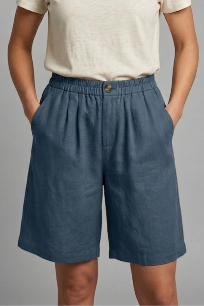 Effortless Linen Bermuda Shorts for Women with High Waist Button Front Pleated Relaxed Style