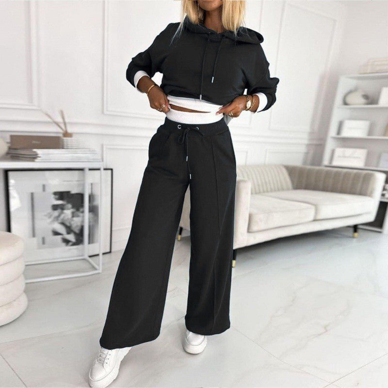 Effortless Wide Leg Set for Women with Cropped Hoodie Drawstring Waist Relaxed Two Piece Style