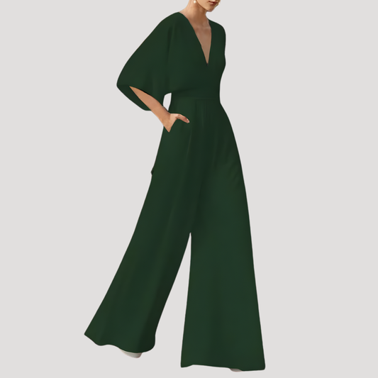 Elegant Wide Leg Jumpsuit for Women with V Neck Kimono Sleeve Fitted Waist Formal Style