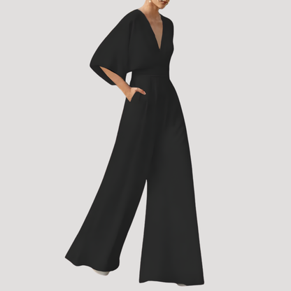 Elegant Wide Leg Jumpsuit for Women with V Neck Kimono Sleeve Fitted Waist Formal Style