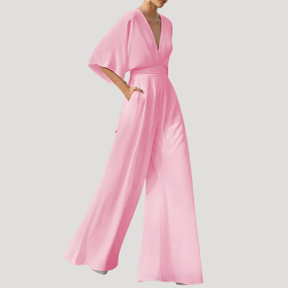Elegant Wide Leg Jumpsuit for Women with V Neck Kimono Sleeve Fitted Waist Formal Style