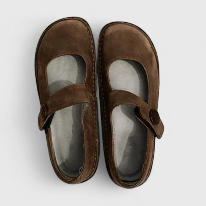 Comfortable Leather Mary Jane Flats for Women with Round Toe Button Strap Stitched Sole Casual Style