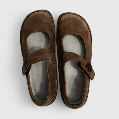 Comfortable Leather Mary Jane Flats for Women with Round Toe Button Strap Stitched Sole Casual Style