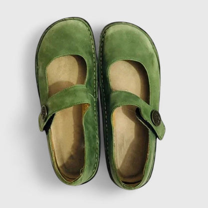 Comfortable Leather Mary Jane Flats for Women with Round Toe Button Strap Stitched Sole Casual Style