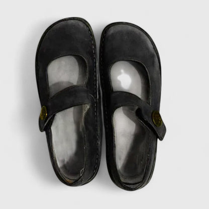 Comfortable Leather Mary Jane Flats for Women with Round Toe Button Strap Stitched Sole Casual Style
