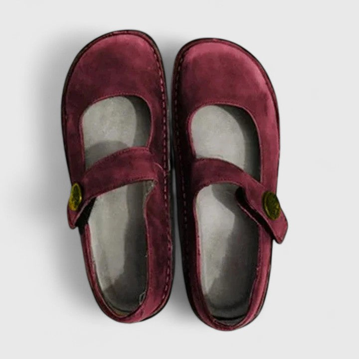 Comfortable Leather Mary Jane Flats for Women with Round Toe Button Strap Stitched Sole Casual Style