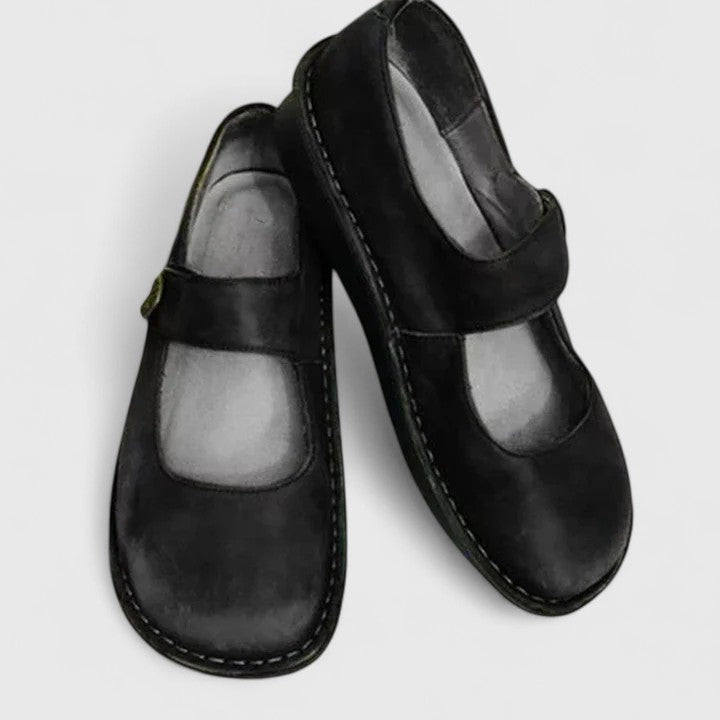 Comfortable Leather Mary Jane Flats for Women with Round Toe Button Strap Stitched Sole Casual Style